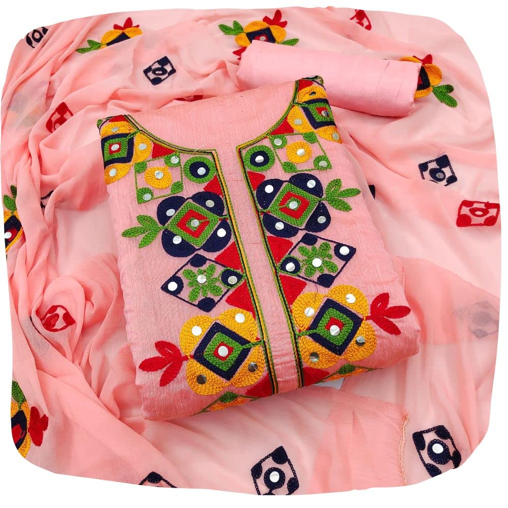 EthnicJunction Women's Rajasthani Mirror Work Chanderi Embroidery Unstitched Salwar Kameez Dress Material