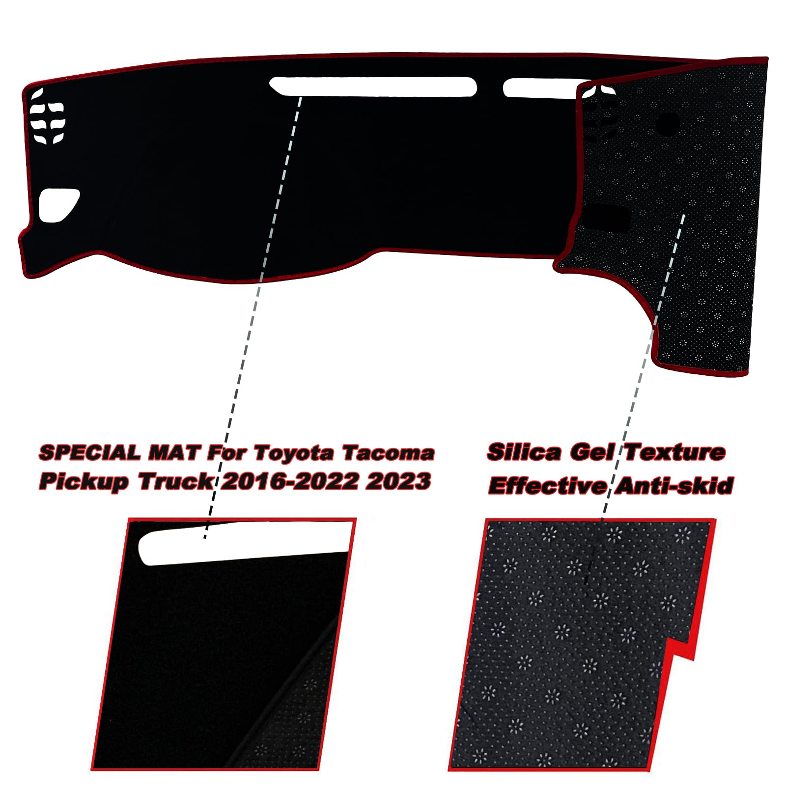 Protector de tapete para salpicadero interior compatible con Toyota Tacoma SR SR5 TRD Sport TRD Off-Road Limited y TRD Pro 2016-2023 (borde rojo)