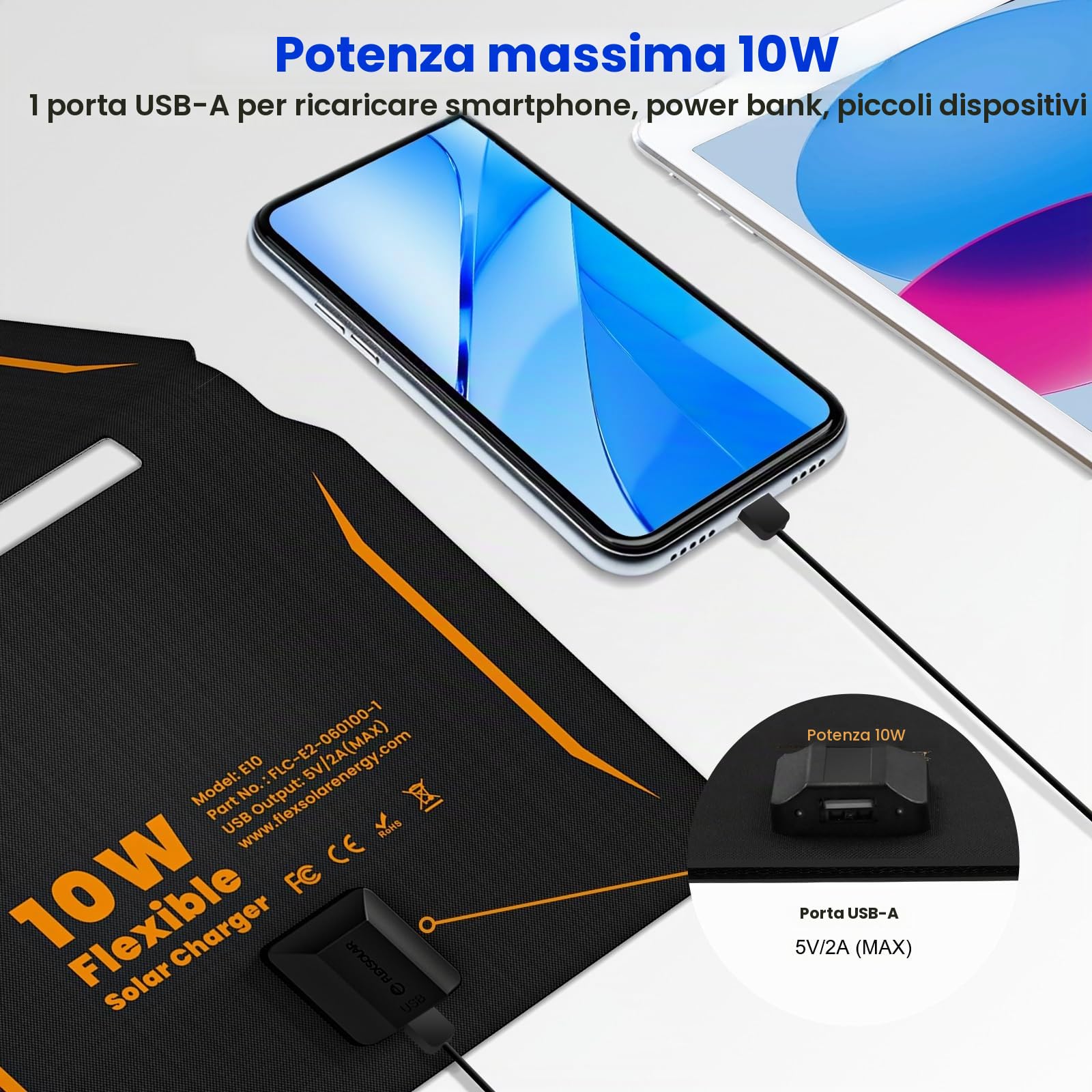 FlexSolar Caricatore solare pieghevole da 10 W, con porta USB A da 5 V/2 A, IP67, impermeabile ETFE per iPhone, Android, orologio da polso, fotocamera e altro ancora
