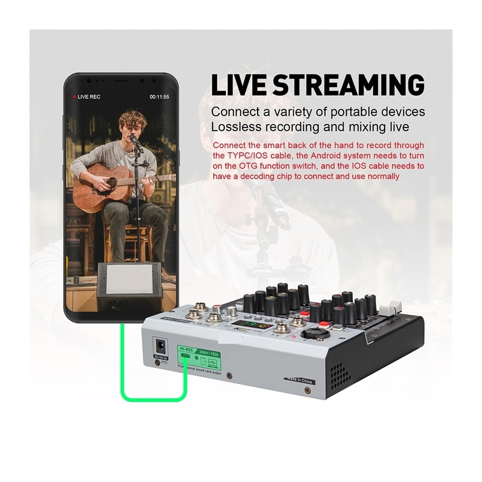Mezclador de audio, Tarjeta de sonido con interfaz monitorización, calidad estudio, 24 bits, 192kHz, 5.0 BT, for PC, grabación en vivo guitarra eléctrica y canto