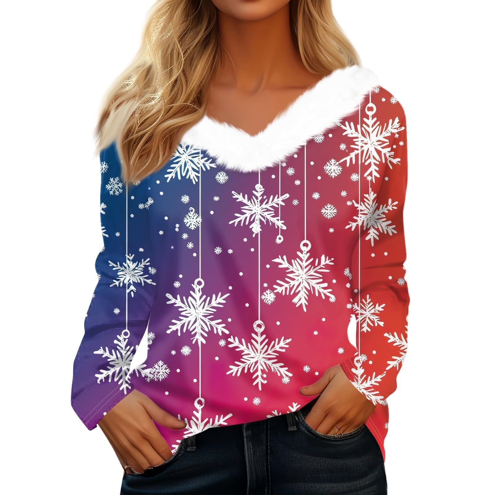 Womens Christmas Top V Neck Faux Fur Trim Long Sleeve Festive Shirt
