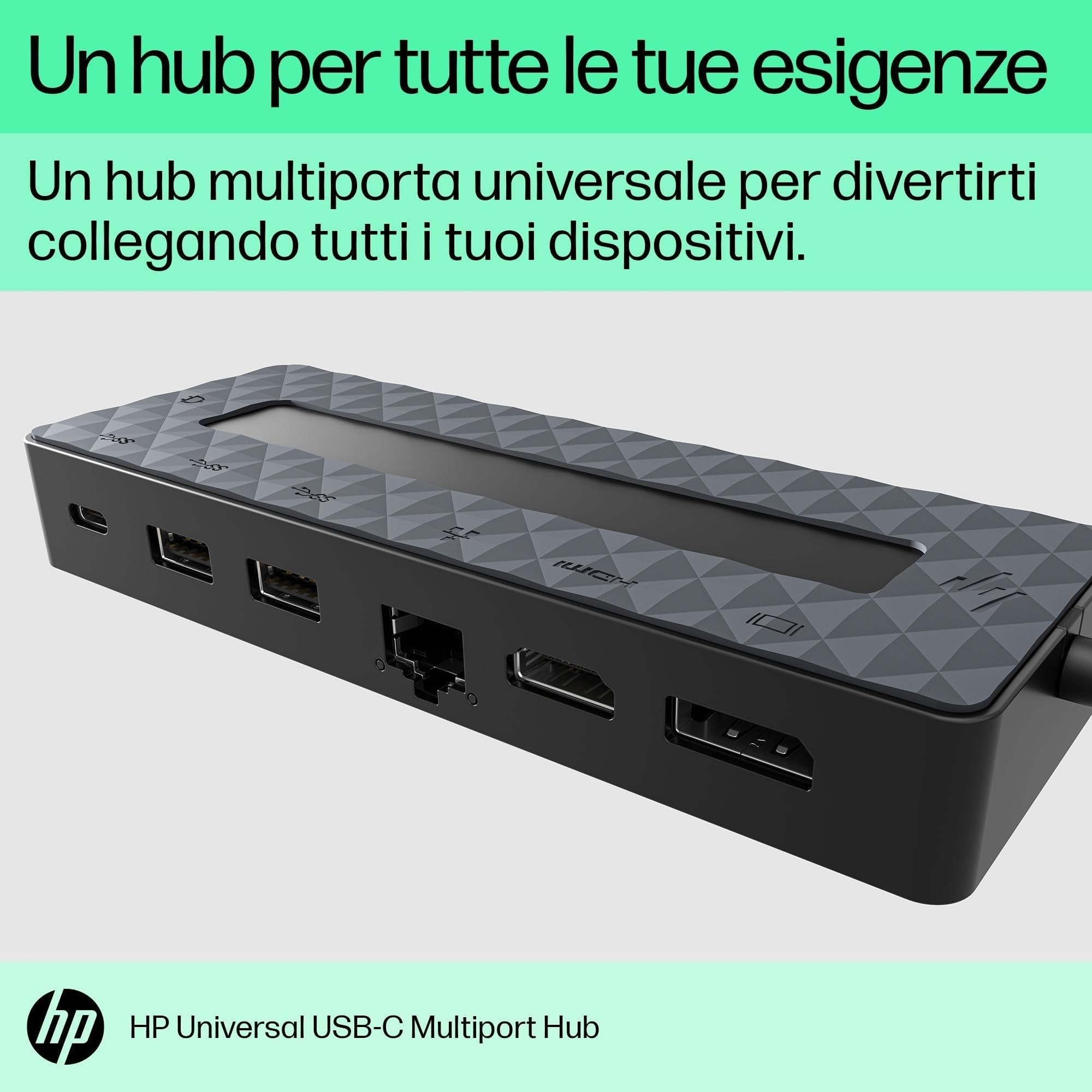 HP Hub Multi porta USB-C Universale, Compatibile con PC dotati di Porta USB-C, Power Delivery e DisplayPort, Nero