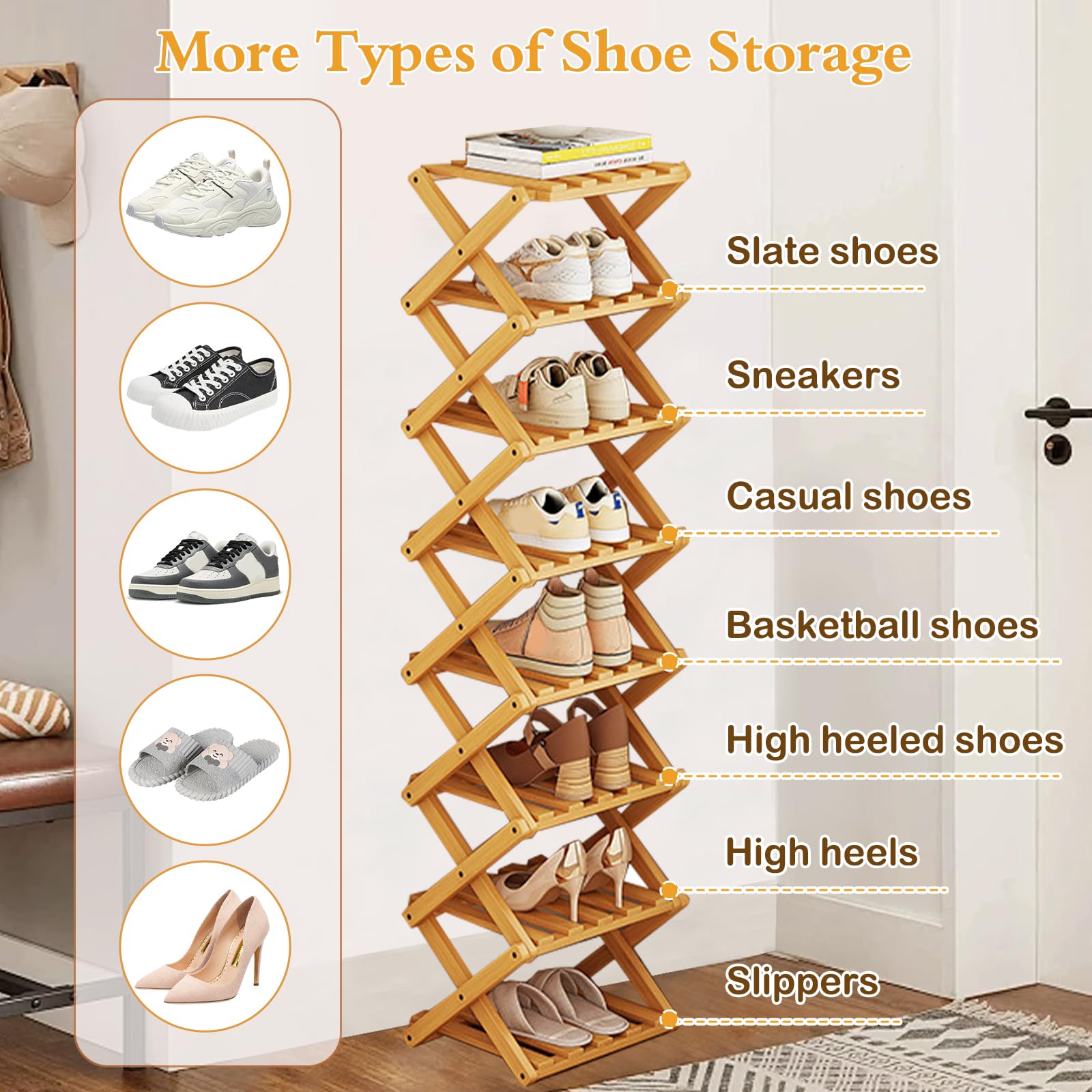 Étagère à Chaussures, Étagère Pliante pour Chaussures, Étagère à Chaussures en Bois, Meuble a Chaussures Entree, Étagère sur Pied pour L'entrée, pour Couloirs (8-stöckiges Schuhregal)