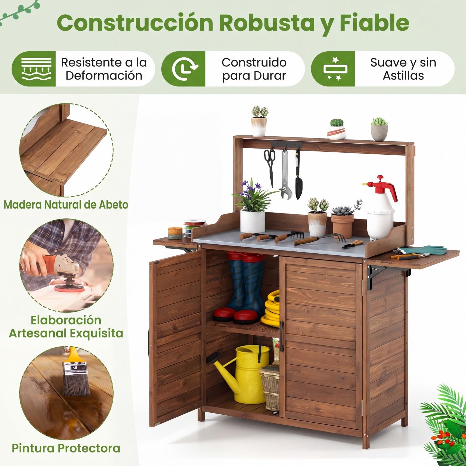 COSTWAY Mesa de Trabajo para Exteriores, Mesa de Jardinería de Madera con Tablero Metálico, Armario, Estantes Laterales Plegables, Estante Ajustable, Banco de Trabajo para Jardinería y Plantación