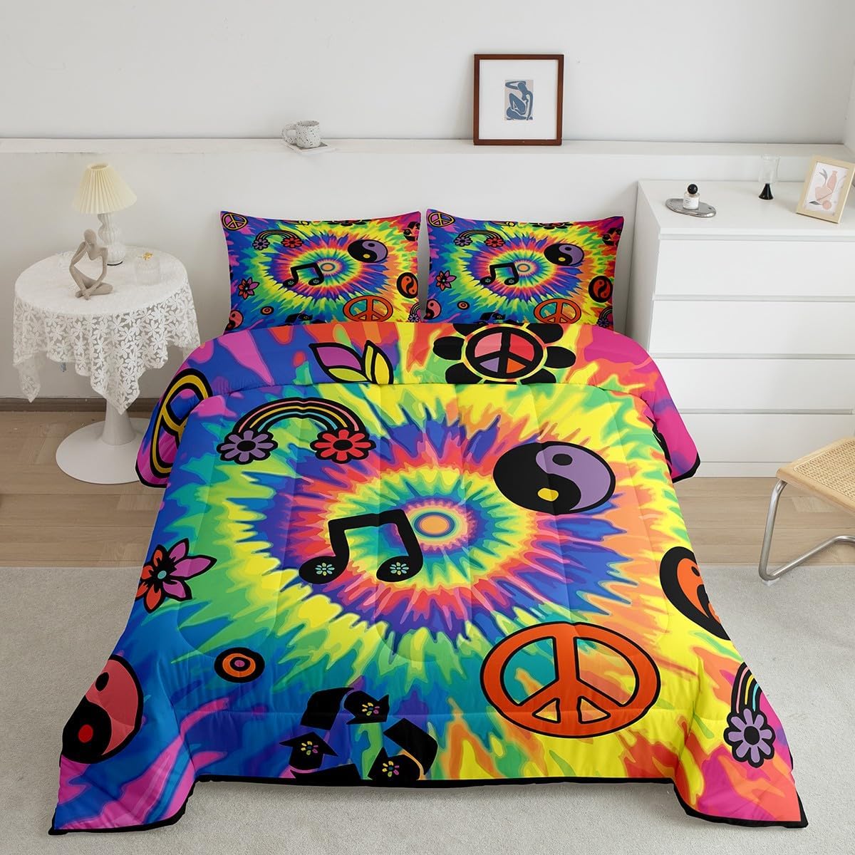 Erosebridal Retro 60s 70s Groovy Flower Bedding Set Queen,Rainbow Peace Sign Swirl Tie Dye Comforter Set Mens Women's Halloween Floral 1960's 1970's Hippie Duvet Insert Rural Pastoral Room Decor