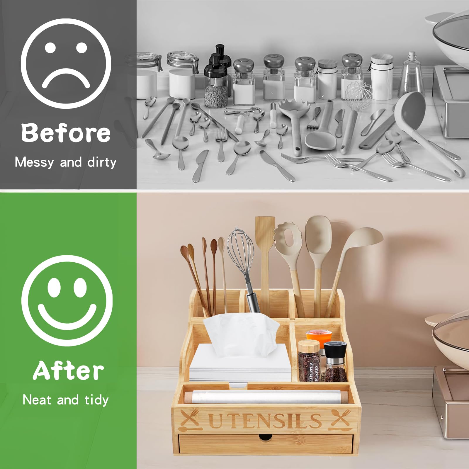 Soporte para utensilios de cocina con cajón, organizador de utensilios de bambú para encimera de cocina, organizador de cubiertos para servilletas, tenedores, cuchillos, platos, fiesta, barbacoa