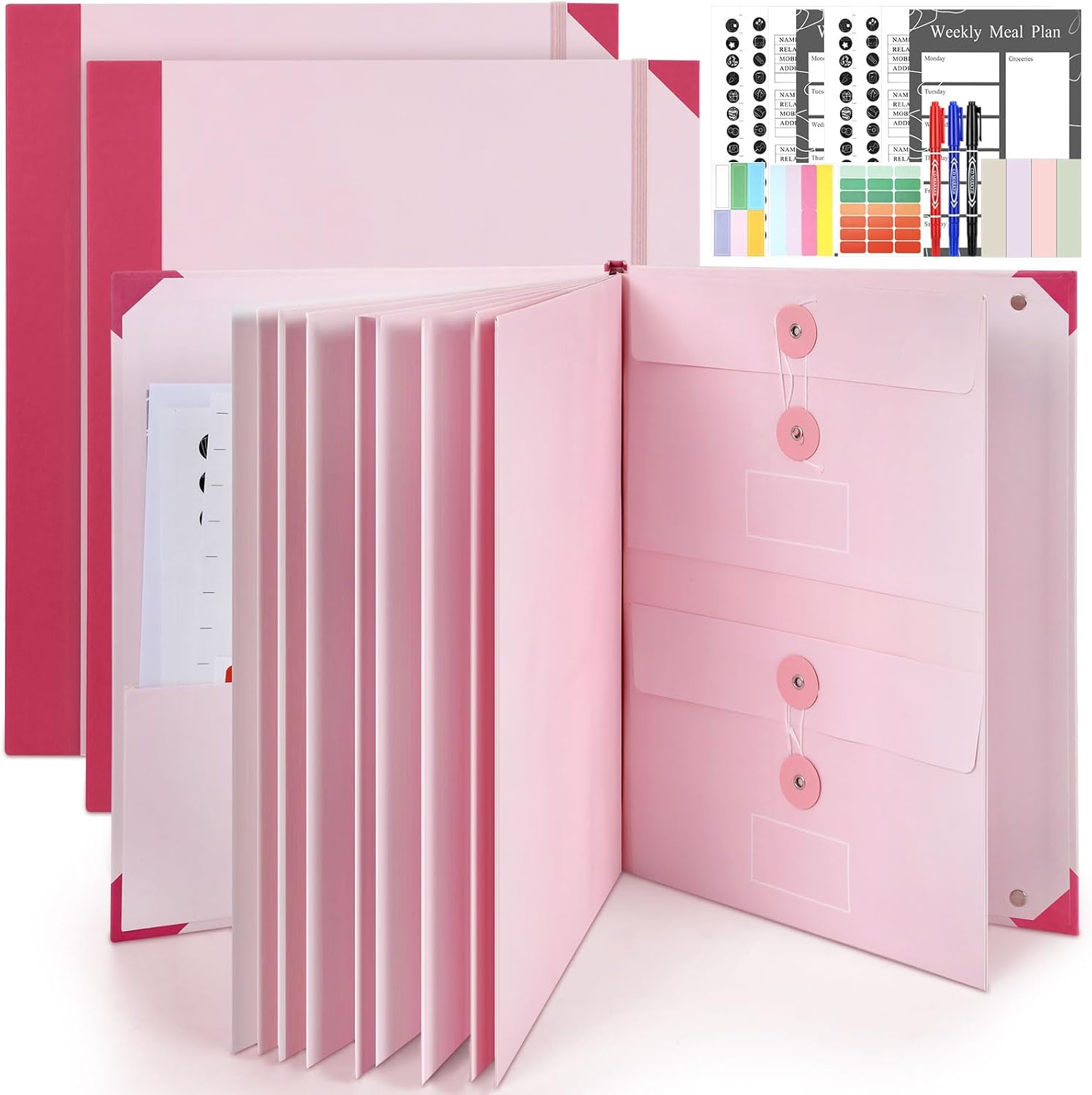 2 Pack Important Document Organizer, Expanding File Binder with Sticky Notes, Paper Clips, Markers, Emergency Binder Folder for Important Papers, Certificates, Passport, Lifebook(Pink)