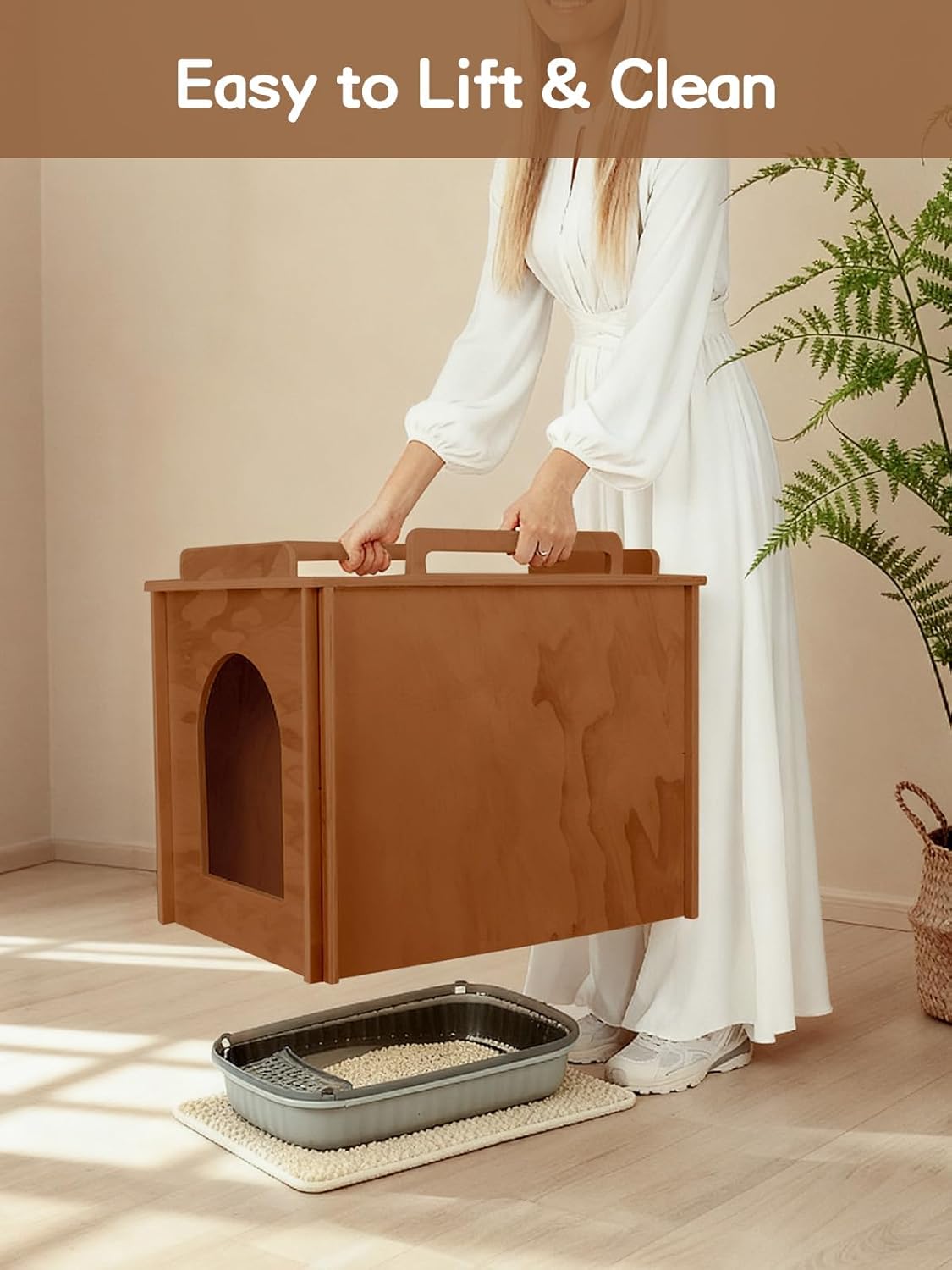 Wooden Cat Litter Box Enclosure, Hidden Litter Box Furniture with Litter Mat, Multi-Functional Cat House, for Living Room Bedroom Indoor, 23.2 x 17.7 x 19.3 inches, Walnut