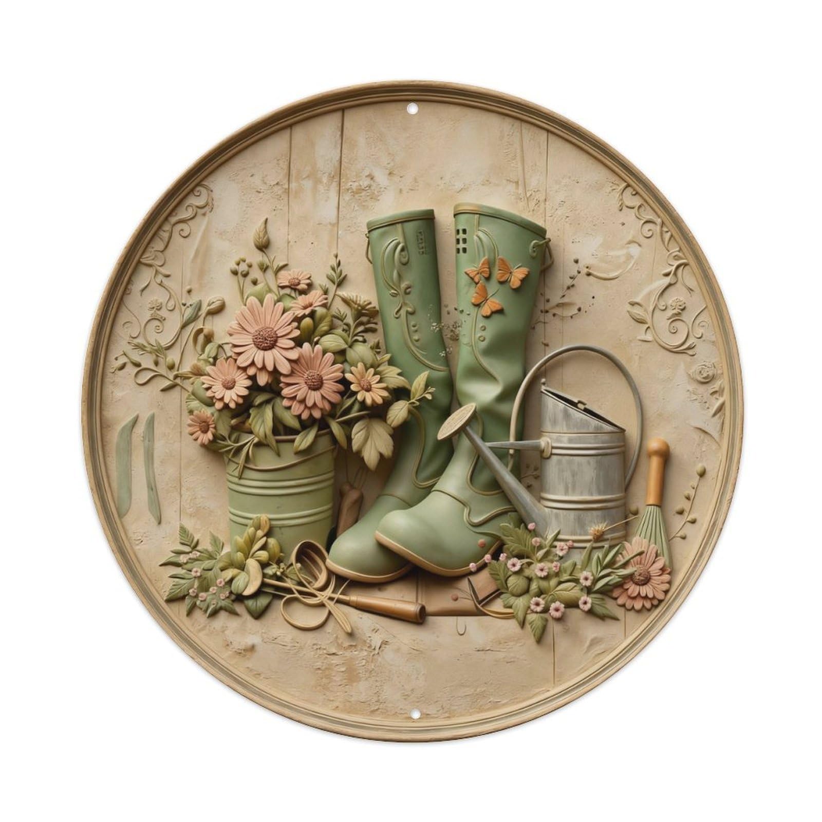 Zlatcbu Vintage Garden Boots Flowers Tools Bucket Metal Tin Sign Retro Wall Art Poster, Decor For Home Living Room Bar Cafe Garage, 8X8 Inch