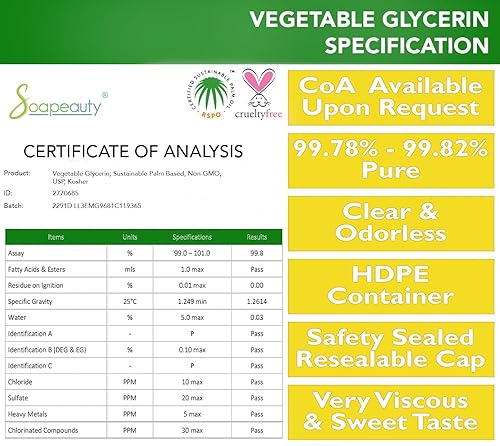 Soapeauty Glicerina vegetal de grado USP sin OMG natural | Productos cosméticos, piel, cuidado del cabello, fabricación de jabón, usos domésticos, 5
