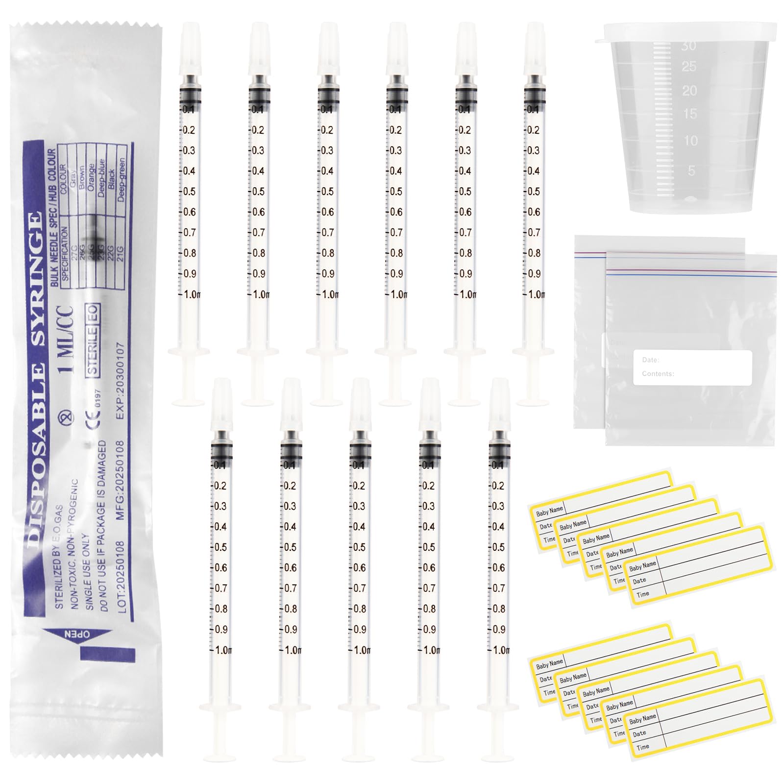 Photo 1 of 50 Sets 1ml Colostrum Syringes with Caps No Needle Colostrum Collector Kit Include 50pcs 1ml Sterile Syringes, 50 Labels, 5 Storage Bags and 1 Measuring Cup