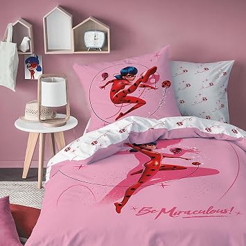 Miraculous Ladybug Children's Bed Linen Shadow Pink 135 x 200 cm + 80 x 80 cm 100% Cotton Flannelette Quality Marinette Adrien Cat Noir Lady Bug Girls Paris with Zip German Size