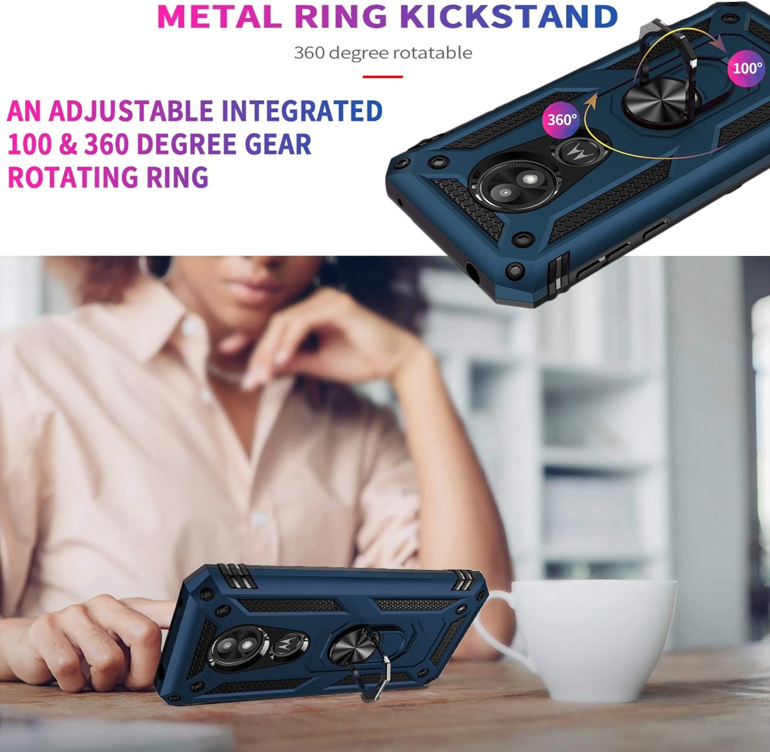 Moto G7 Plus Case, Moto G7 Case, with [Tempered Glass Screen Protector Included], STARSHOP Military Grade Shockproof Protective Phone Cover W/Metal Ring Kickstand, for Motorola Moto G7/G7 Plus-Blue