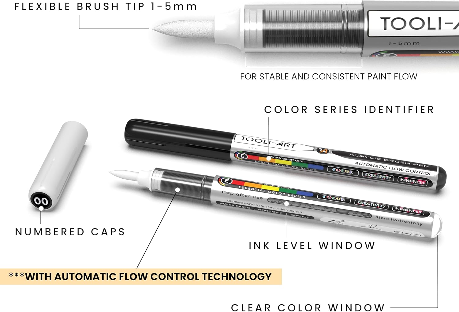 6 Black & White Acrylic Paint Pens – Flexible Brush Markers with Automatic Flow Control, 1–5mm, Waterbased, Illustration, Lettering & Multi-Surface Glass, Wood, Metal, Canvas, Fabric, Plastic, Paper