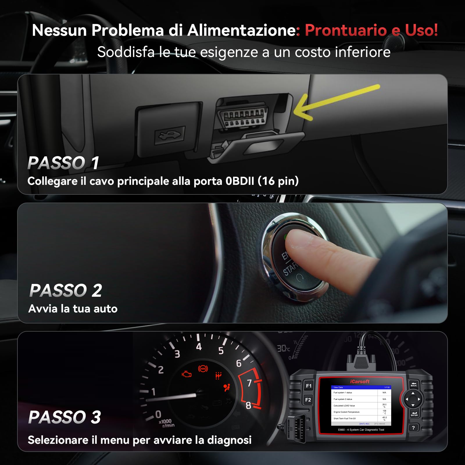 iCarsoft E660 OBD2 Auto Diagnostica, Diagnosi Auto Professionale in Italiano, Sistema Motore/ABS/SRS/Trasmissione, 6 Funzioni di Ripristino, Reset Olio/EPB/BMS/ETC/SAS/TPMS, Aggiornamento a Vita