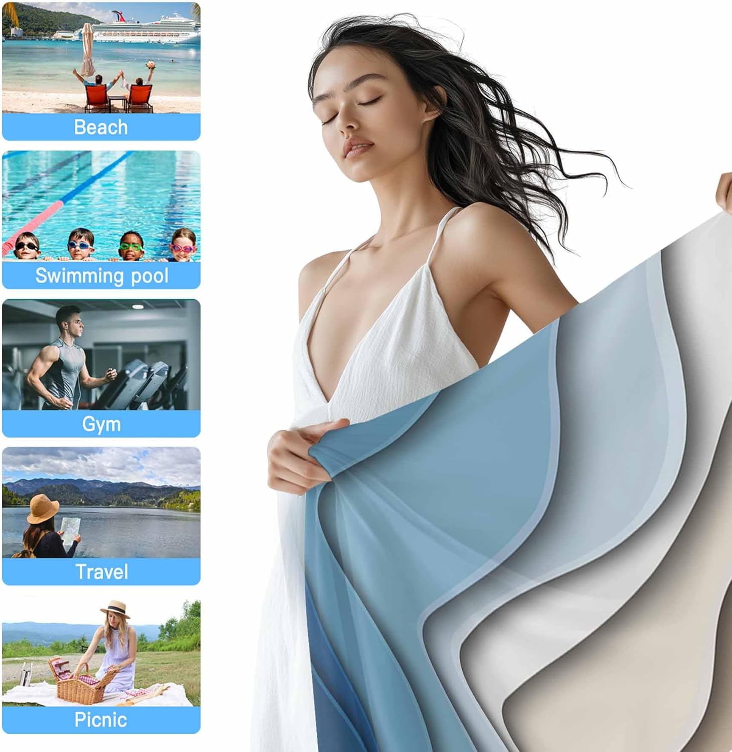 Beach Towel Blue Brown Modern Geometric Bath Pool Towels Ombre Blue Abstract Soft Absorbent Beach Towels Large Quick Dry Lightweight Camping Travel Yoga Gym Swim Towels for Adult Kids 35x70 Inch