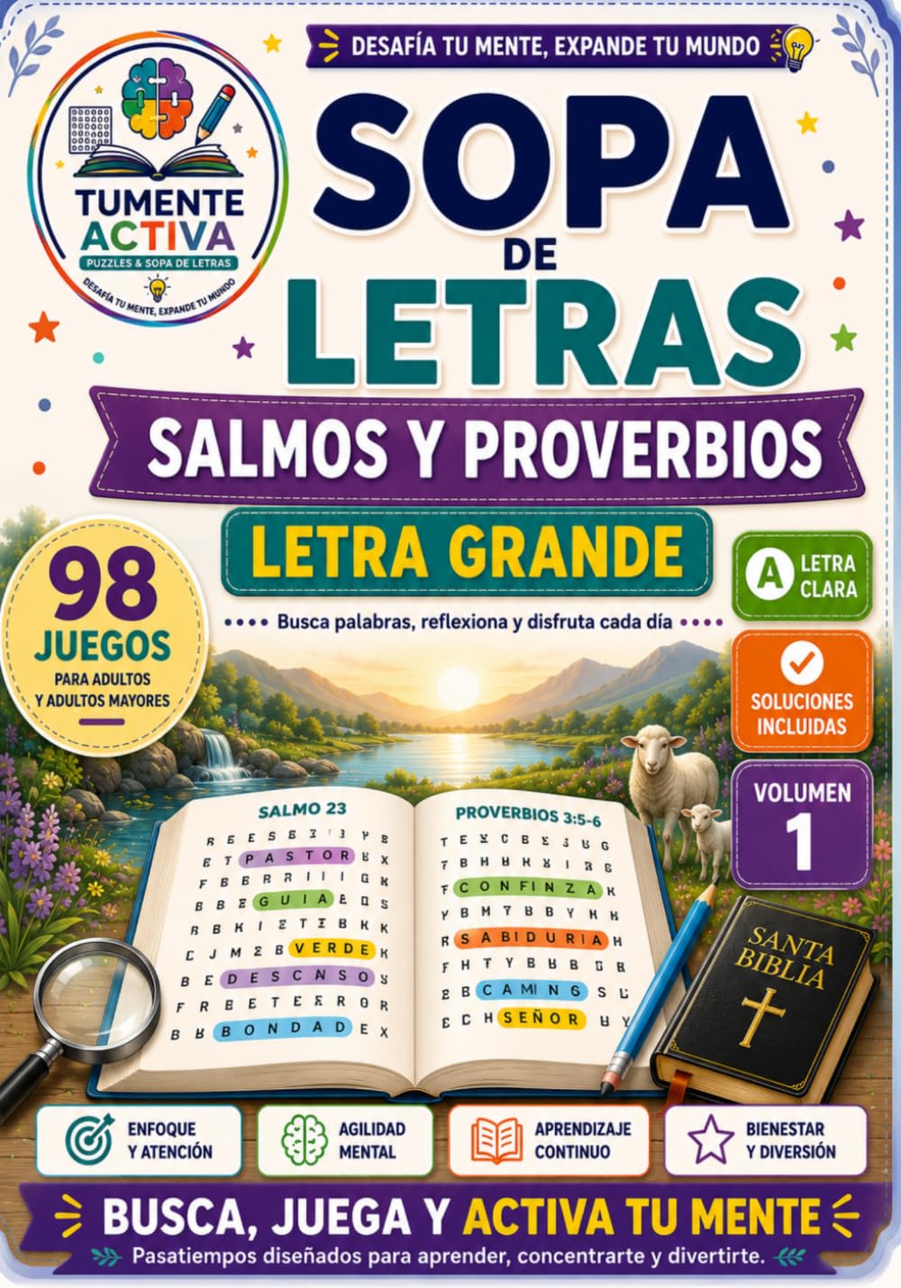 Sopa de Letras Salmos y Proverbios Letra Grande: 98 sopas de letras bíblicas para adultos y adultos mayores con letra grande, soluciones incluidas y actividades cristianas para ejercitar la mente