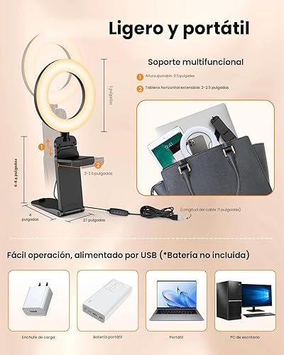 Miniatura 7 de Evershop Luz de Anillo para Portátil con Clip de Escritorio, Iluminación de Videoconferencia de Computadora Pequeña con Soporte para Teléfono/Cámara