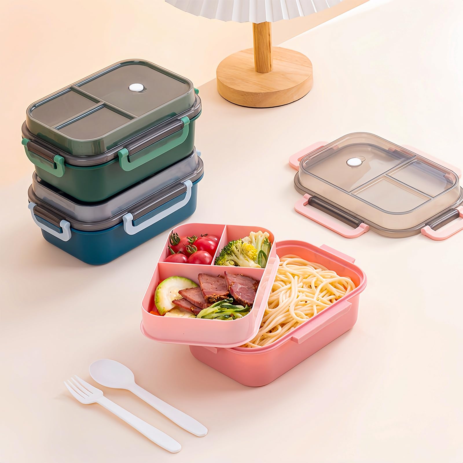 Echehi Portable Lunch Boxes, 2 Layers All-in-One Stackable Lunchbox Utensil Set for Dining Out Work, Picnic. Pink - Image 2