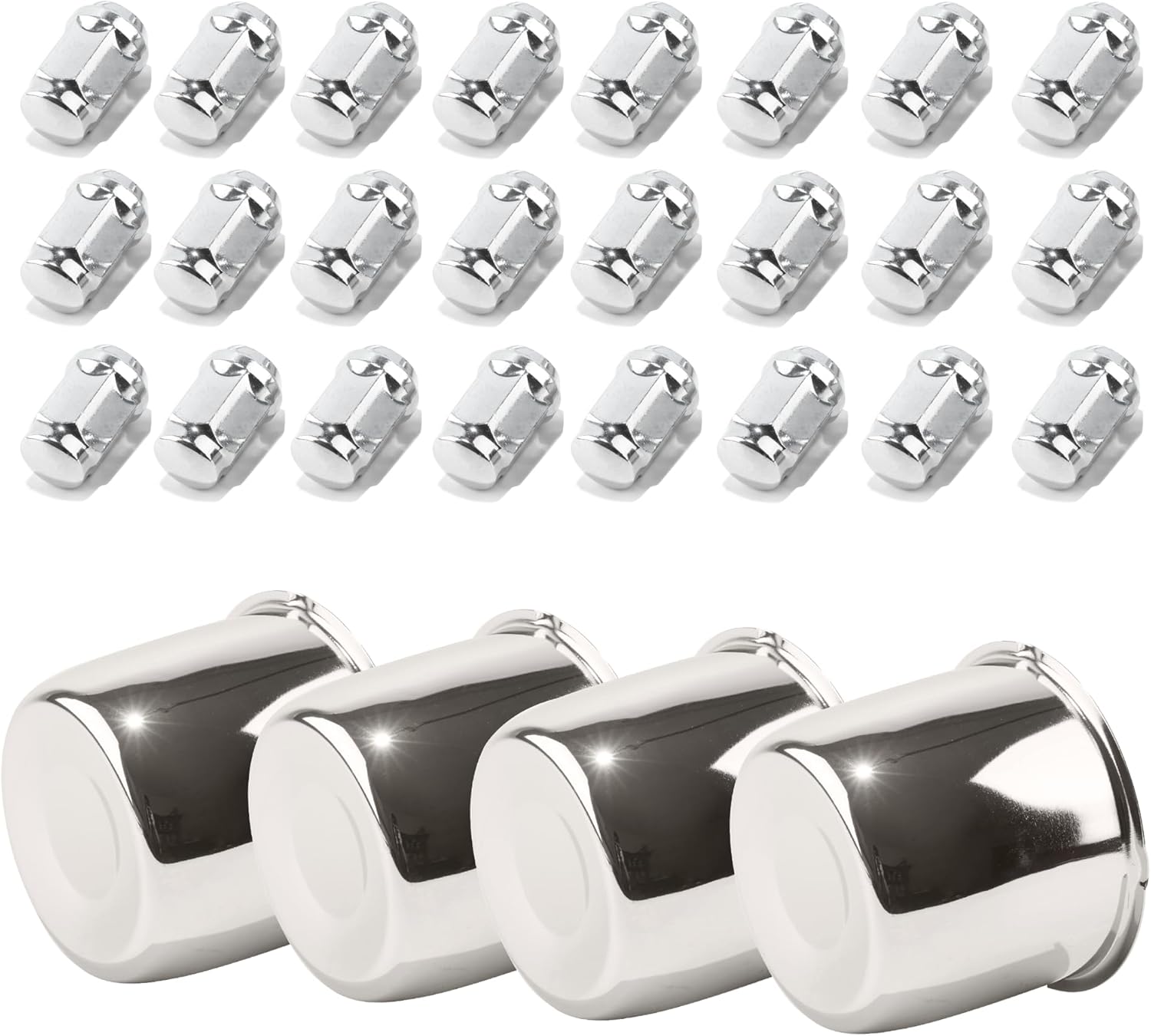 4-Pack Trailer Push Through Center Caps and Trailer Wheel Lug Sets - 4.25in Wheel Center Caps Chrome Stainless Steel Hub Cap with 24 One-Piece Chrome 1/2-20 Lug Nuts for Truck RV