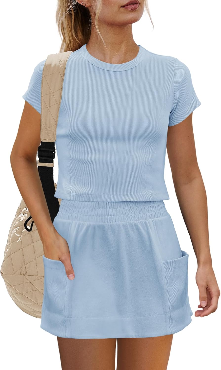 Yanekop Womens 2 Piece Tennis Skirt Sets Outfits Two Piece Matching Lounge Sets Short Sleeve Ribbed Tops and Skort Set