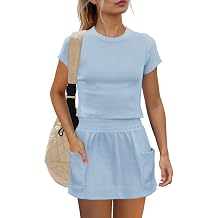 Yanekop Womens Tennis Skirt Sets 2 Piece Workout Set with Pockets | Soft Comfy, Short Sleeve Cropped T Shirts, Mini Skort, Casual Matching Lounge Outfits, Summer Wear