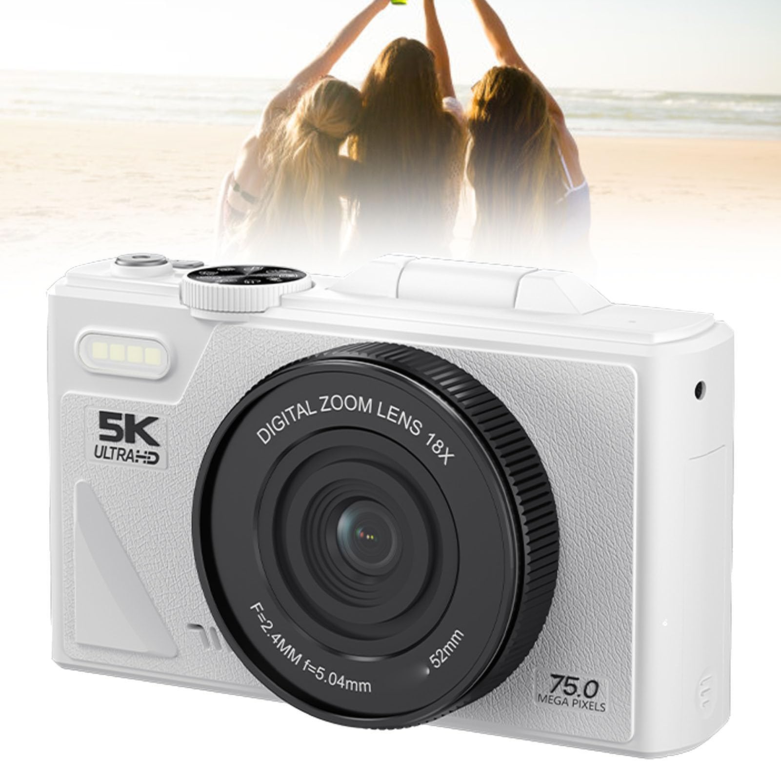 Annadue Appareil Photo Numérique 5K pour la Photographie, 75 MP, Zoom 18X, étanche, WiFi, avec écran Rabattable à 180 Degrés de 3 Pouces, pour Débutants, Adolescents et (White)