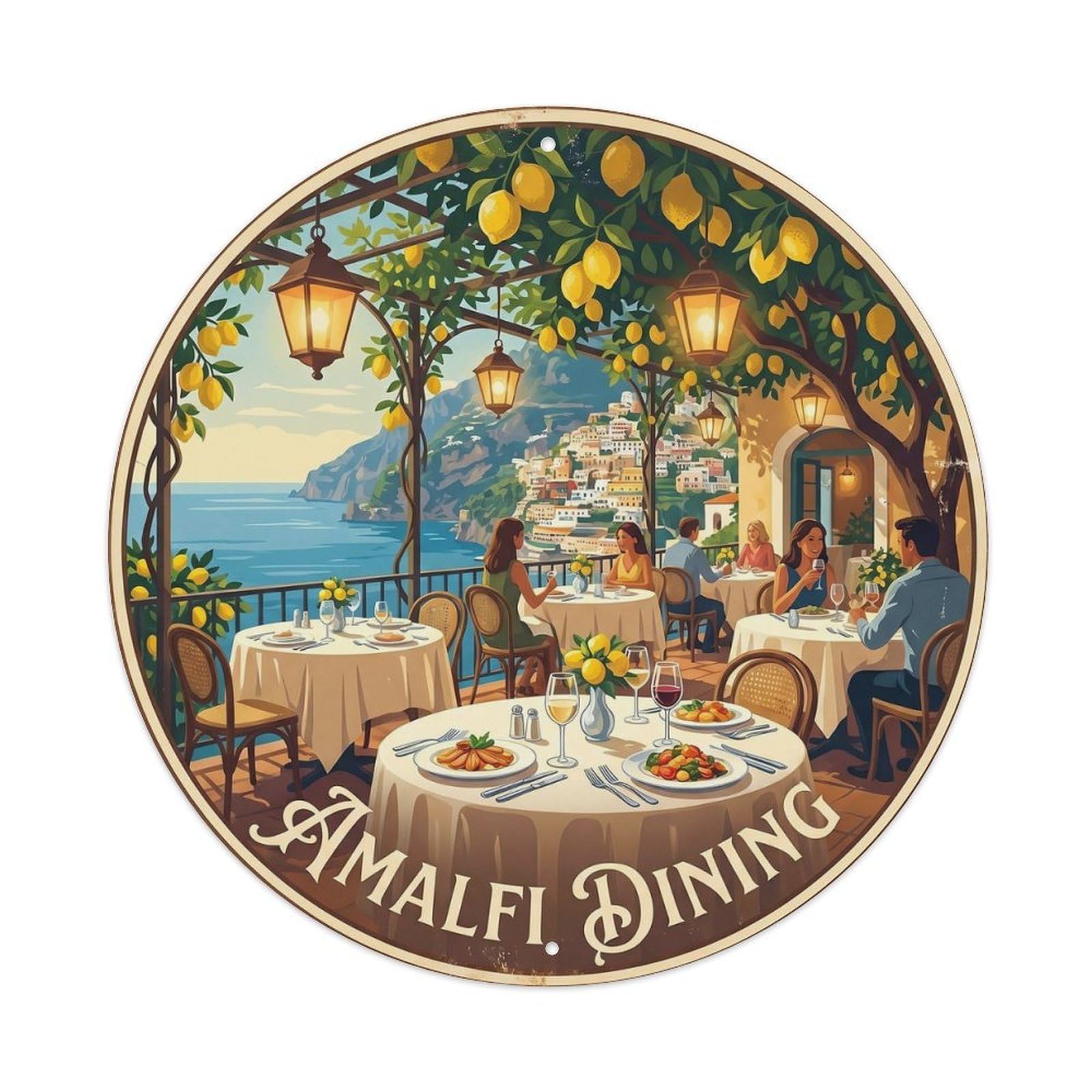 Classic Amalfi Mediterranean Restaurant Terrace Travel Metal Tin Sign Plaque Wall Decor for Cafe, Man Cave, Club Bar, Office, Home Garden Round Metal Poster 8x8Inch
