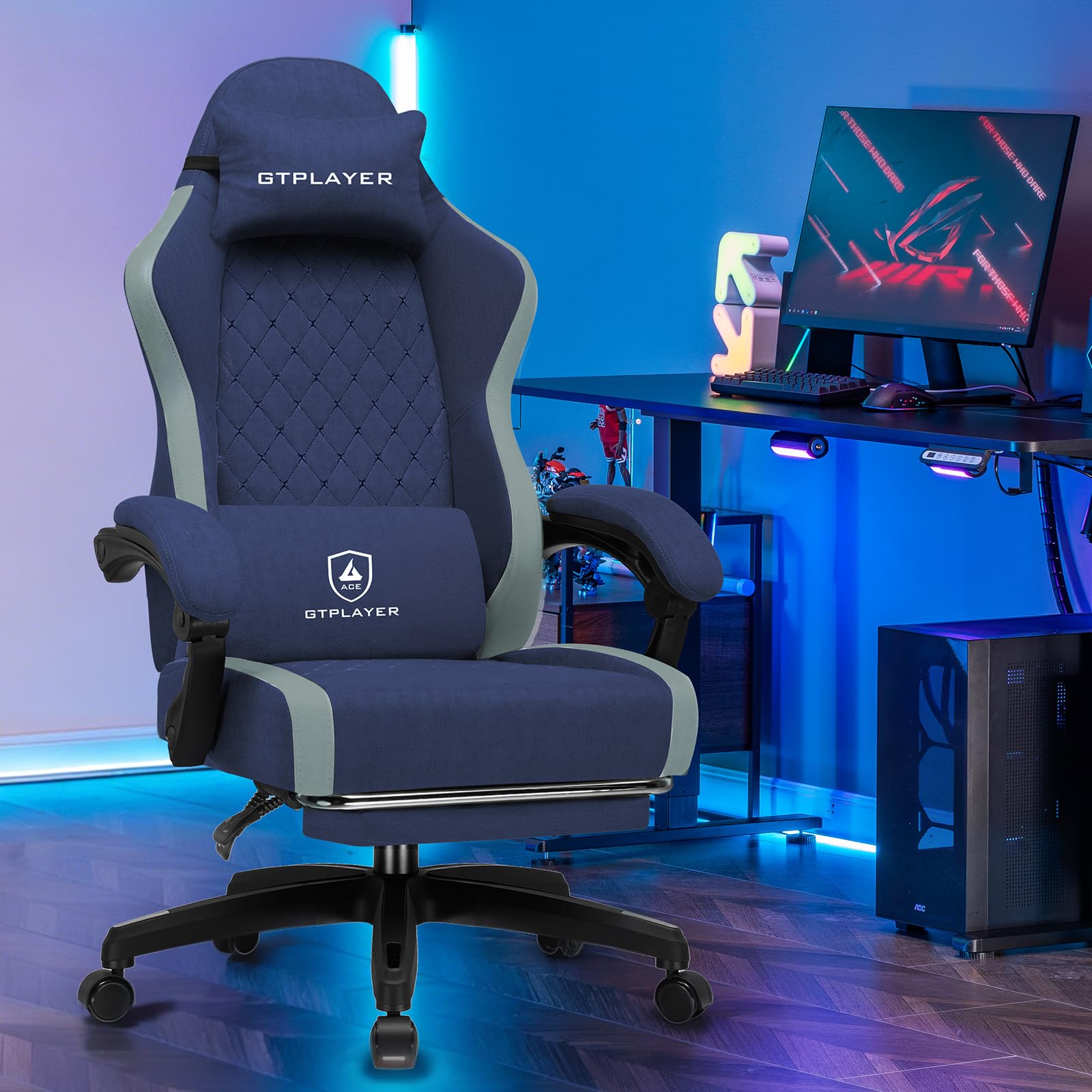 GTPLAYER Sedia da gaming ergonomica, sedia da ufficio in tessuto traspirante, larga e alta, girevole, con poggiapiedi, supporto lombare regolabile e poggiatesta, Blu scuro