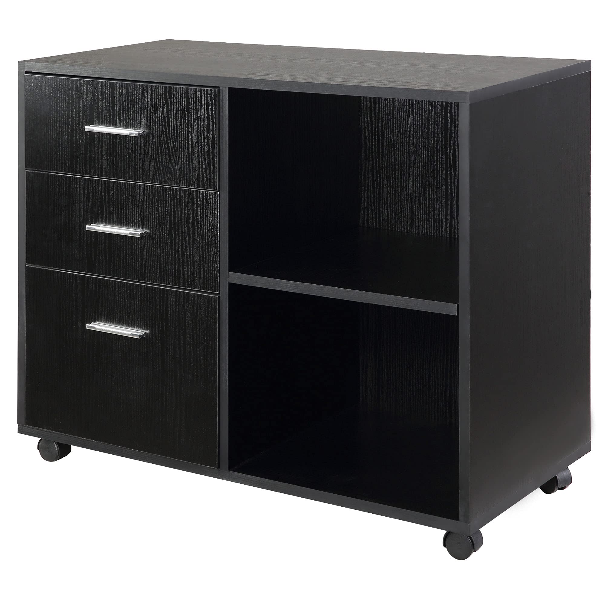 HOMCOMIndoor Office Filing Cabinet with 3 Storage Drawers, Open Shelving, & 4 Caster Wheels for Easy Rolling, Black