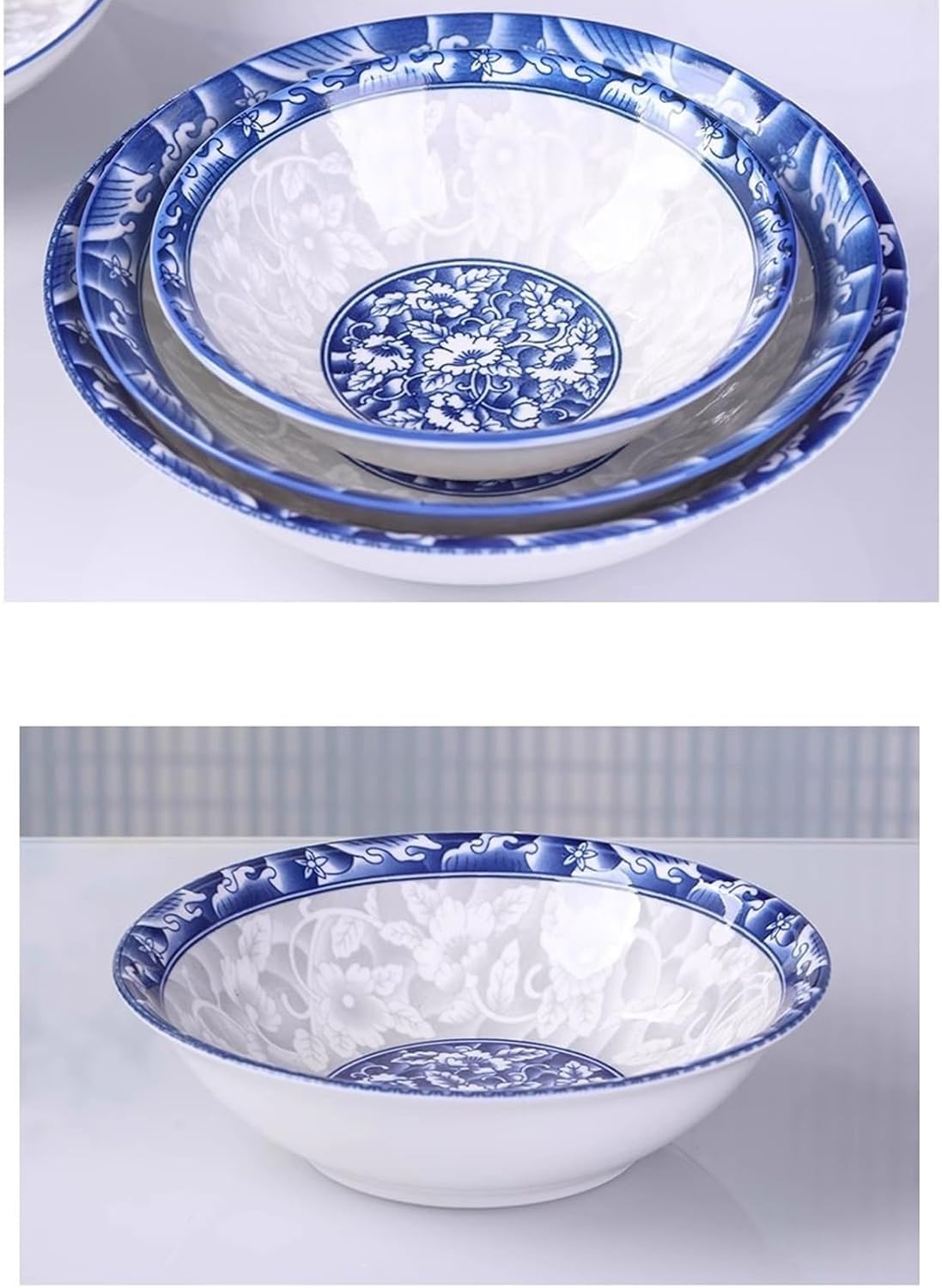 10 sztuk niebieskich i białych porcelanowych misek do zupy, duże ceramiczne miski na makaron Lamian, kolor podszkliwny do użytku w kuchence mikrofalowej i zmywarce, zestaw misek sałatkowych(8 In)