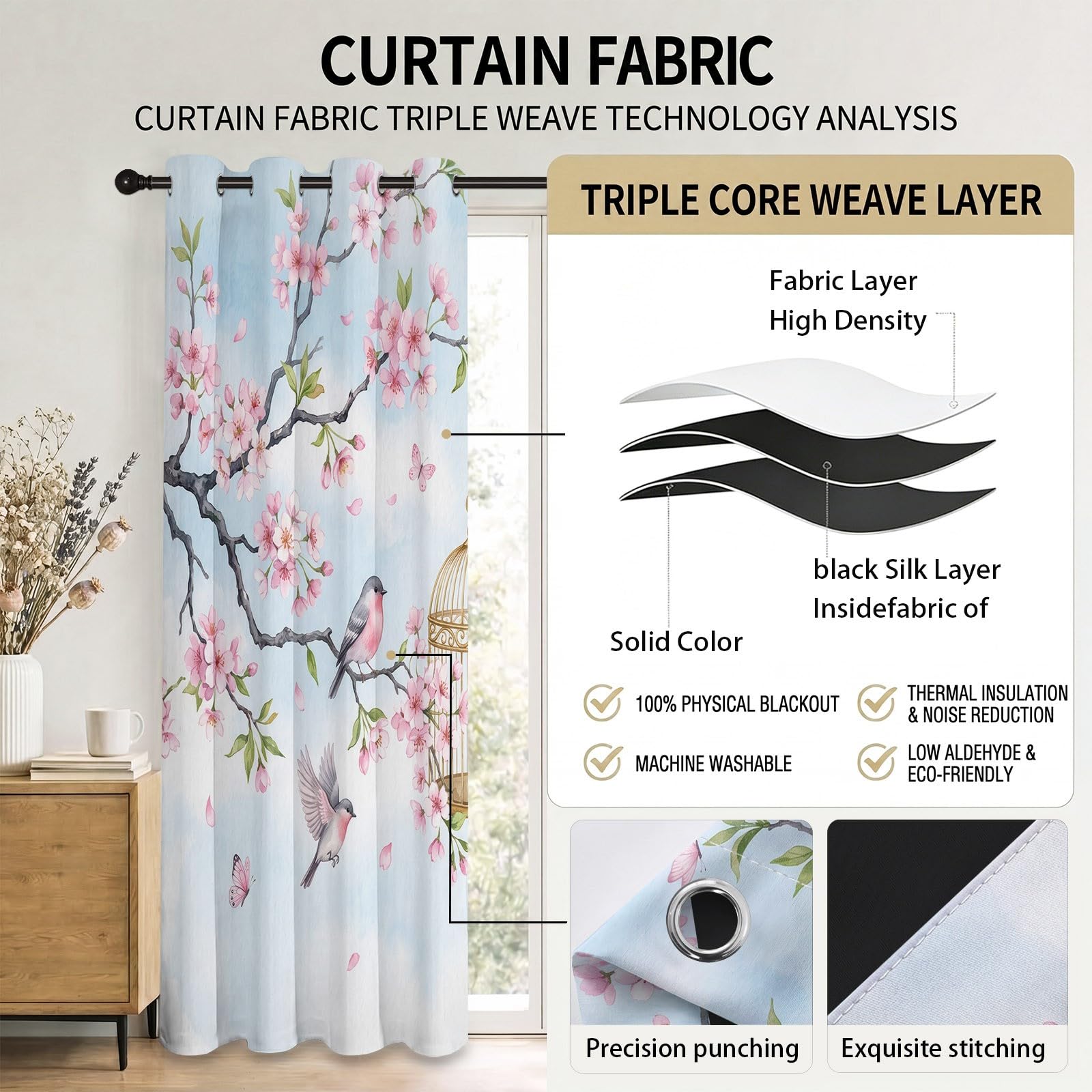 Rideau occultant Motif Graphique À Fleur De Fleurs De Cerisier, Rideaux œillets Isolation Thermique Traitements fenêtre à œillets pour Chambre À Coucher, 70L X 240H cm (2 Panneaux), Bleu