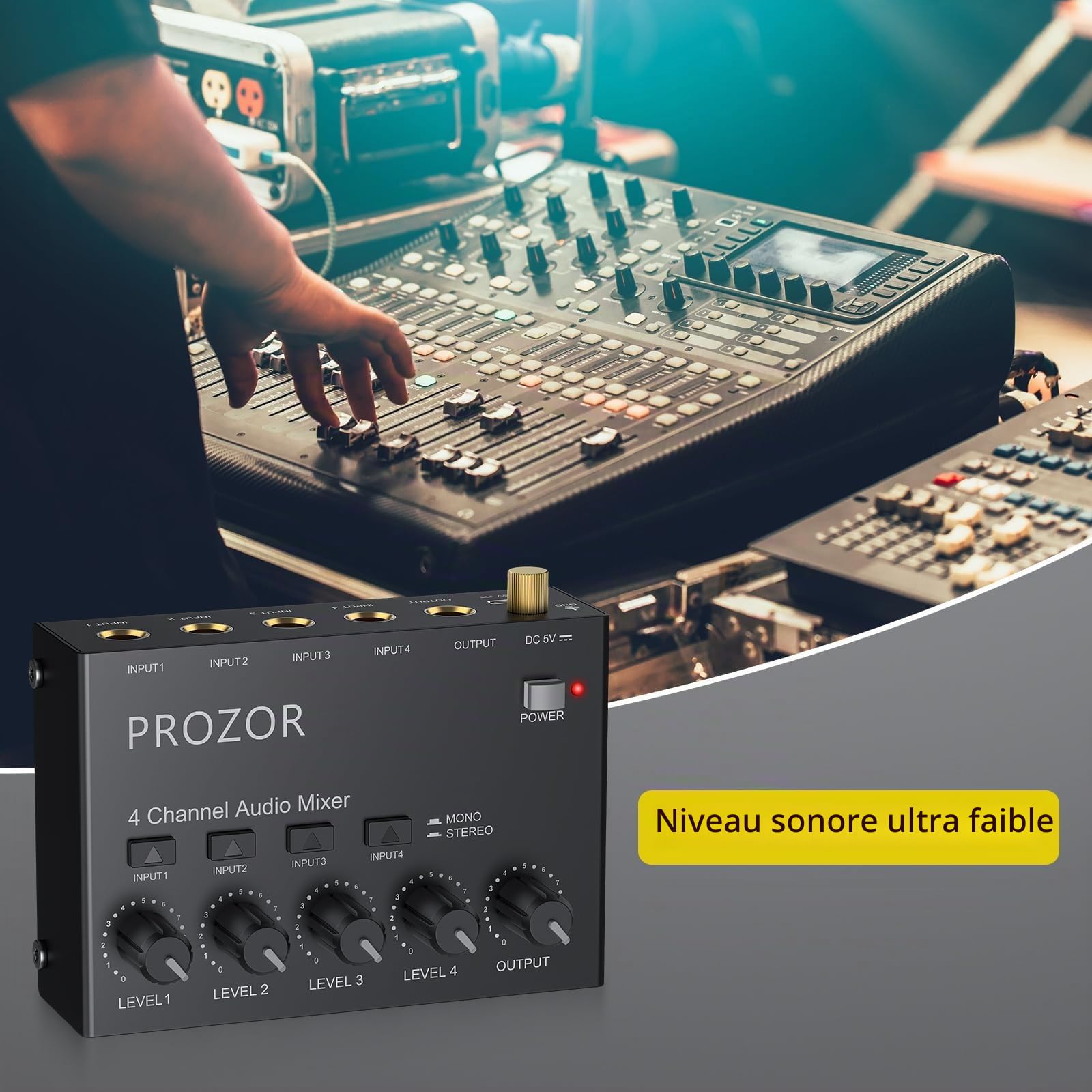 PROZOR Mélangeur Audio 4 Canaux 6.35mm Contrôle Volume Indépendant + Switch Mono/Stéréo USB-C Interrupteur Marche/Arrêt Boîtier Métallique Ultra-Faible Bruit Pour Home Studio Guitare Clavier Micro