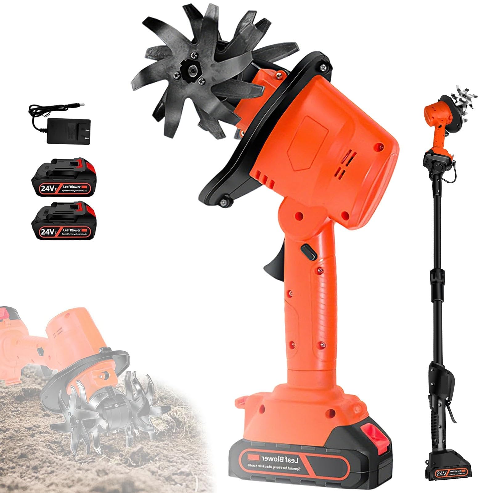 Motobineuse Electrique, 24V Motoculteur sans Fil avec 2 Batteries et 1,3m Manche, 10cm Largeur de Travail 10cm Profondeur de Travail 235 TR/Min Vitesse pour Jardin, Yard, Culture du Sol