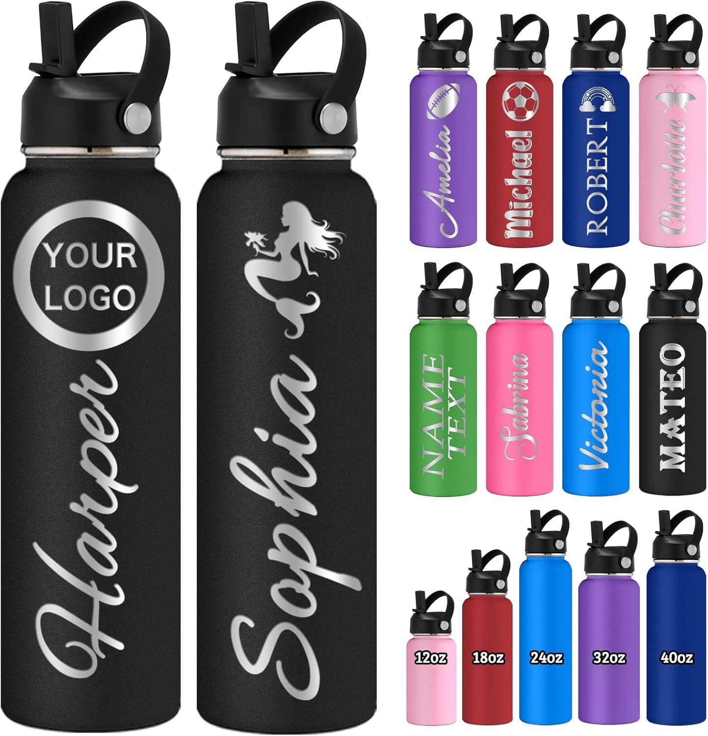 Custom Water Bottle Personalized Engraved with Name Logo 12 18 24 32 40 oz Stainless Steel Water Bottles with Straw Lid Handle Double-Wall Insulated Gifts for Back to School Sport Office Company
