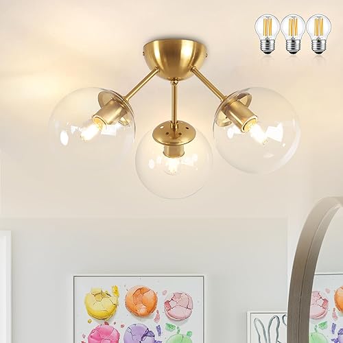Lámpara de techo semiempotrada moderna de mediados de siglo, 3 luces de cristal transparente, lámpara de techo moderna de globo dorado de latón