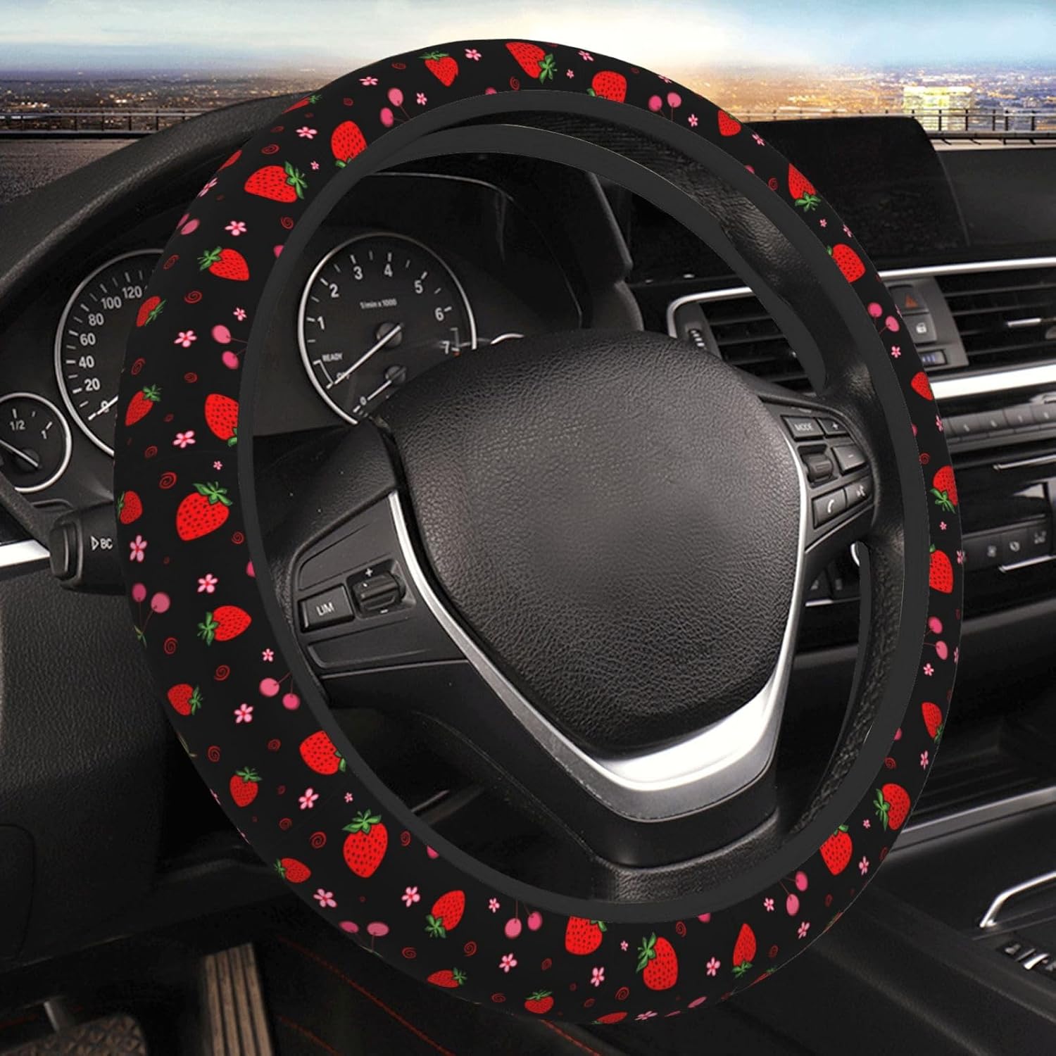 Cherry Strawberry Neoprene Steering Wheel Cover for Men Women Anti-Slip Elastic Steering Wheel Protective Cover 15in Universal Car Accessories Fit Cars, SUVs, Auto