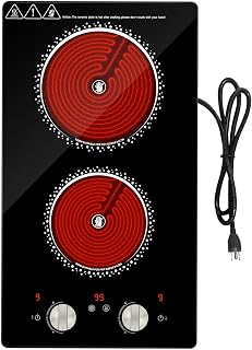 2 Burner Electric Cooktop - 12 Inch Electric Stove Top with Plug, 2100W Countertop Burners & Built-In Stove Top, 9 Levels of Power, Knob Control, Timer & Kid Safety Lock, Residual Heat Warning