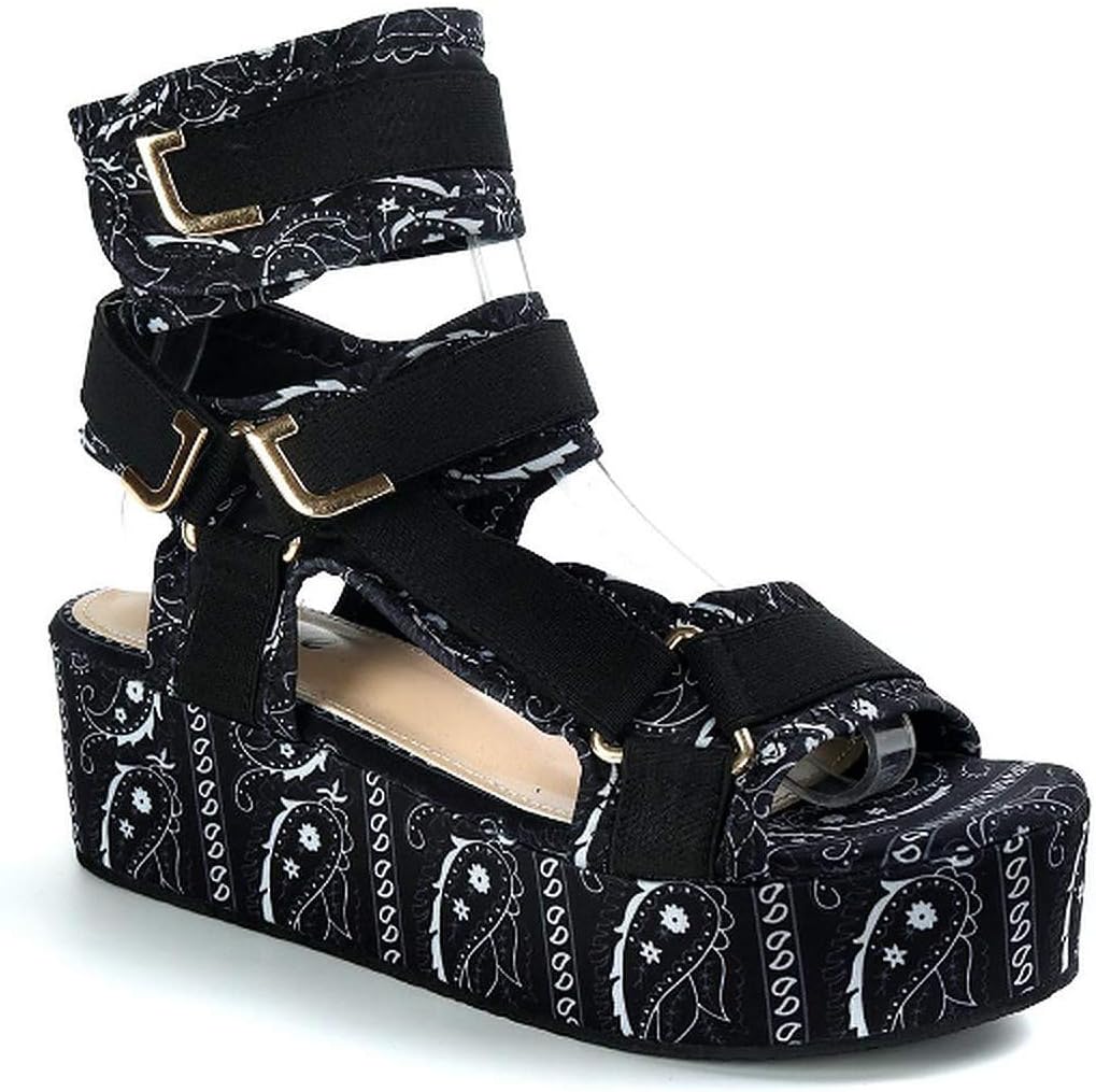 Mia Bandanna Platform Sandals for Women Open Toe Ankle Strap Shoes (Black Bandanna, numeric_10)