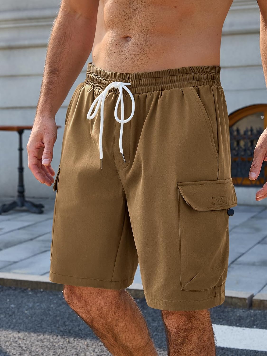 Runcati Mens Cargo Shorts Elastic Waist Drawstring Casual Work Shorts Summer Hiking Outdoor Shorts with 4 Pockets