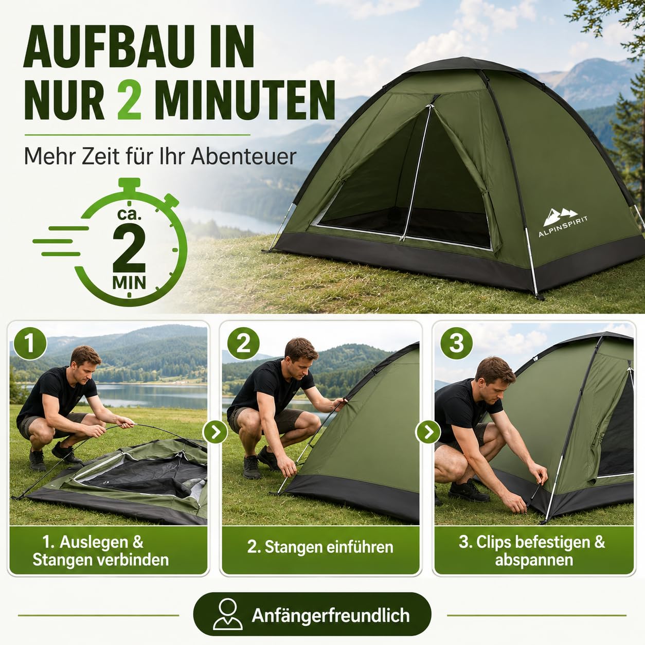 2 Mann Zelt Wasserdicht (3 Min Aufbau) – 2 Personen Zelt Ultraleicht mit 3000mm Wassersäule, Campingzelt für Trekking, Festival & Outdoor, Kuppelzelt inkl. Tragetasche, Zweimannzelt