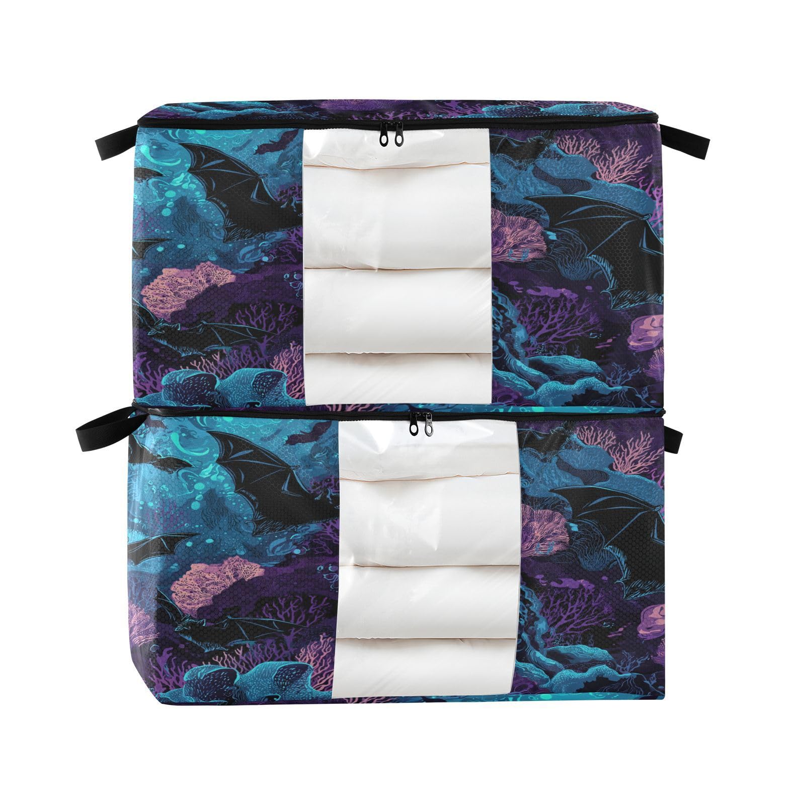 Contenedores bajo cama plegables con tapas y diseño de murciélagos, pack de 2 cajas grandes
