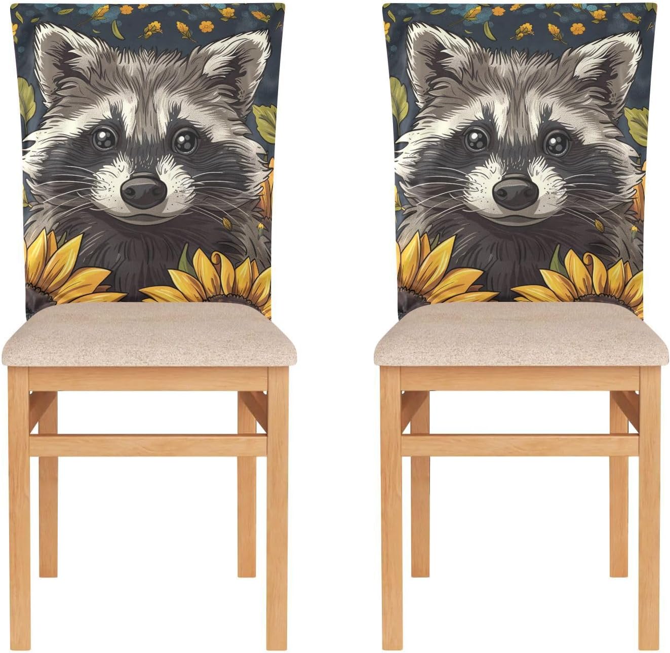 ALAZA Raccoon Sunflowers Chair Back Cover Set of 6, Washable Reusable Removable Chair Slipcovers Decorative Chair Cover for Home Kitchen Wedding Party