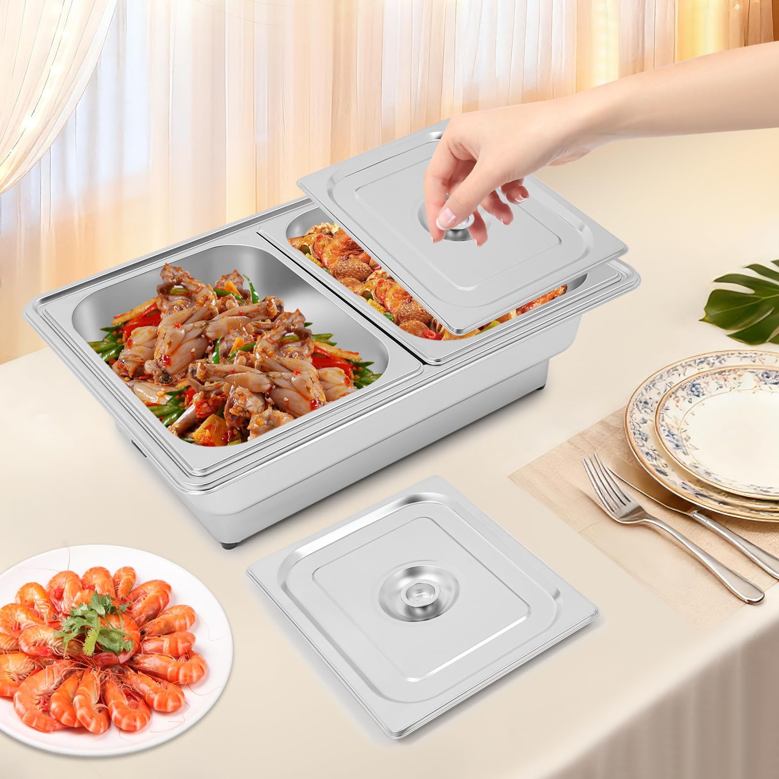 Calentador de Comida Buffet Rectangular con frotamiento eléctrico | Calentadores de acero inoxidable con control de temperatura ajustable(Dua)