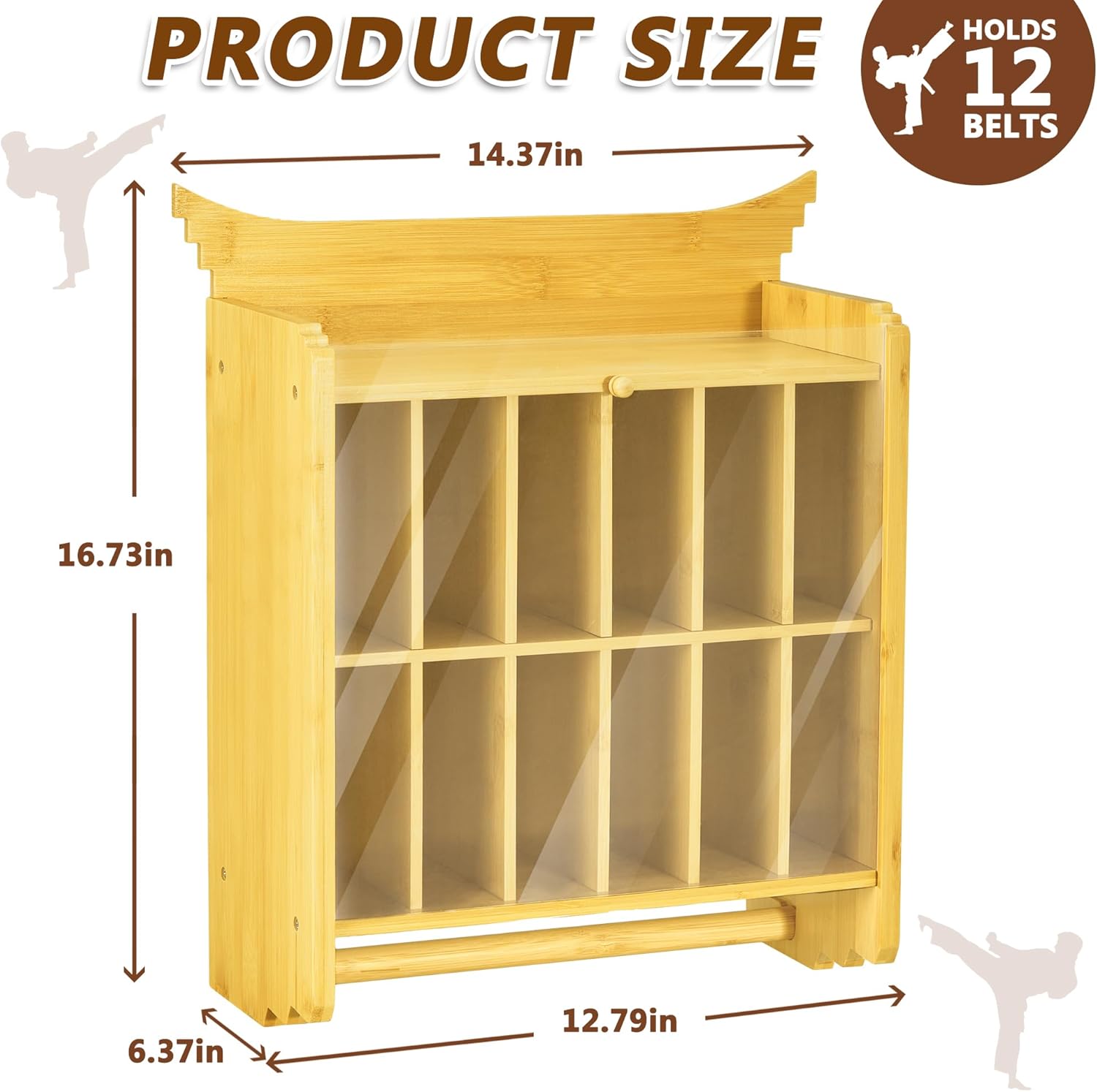 12 Karate Belt Display Rack,Trophy and Medal Display,Bamboo Dust Proof Wall-Mounted Belt Holder Gift with Customization Stickers for Taekwondo,Jiu Jitsu,Martial Art Learner,Kids