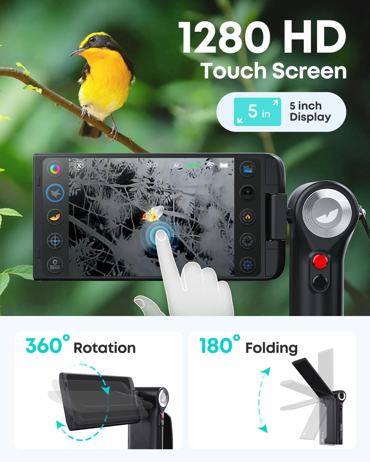 Wärmebildkamera für Vogelbeobachtung Infrarotkamera mit 5" HD-Touchscreen X³ Auflösung 512x384 Erfassungsbereich 1000 m, 4x Zoom 50 Hz Wärmebild-Monokular für Outdoor, Schwarz