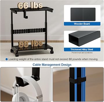 Height Adjustable Computer Tower Stand, 2-Tier ATX-Case CPU Holder with Mouse Pad & Headphone Stand, Mobile PC Standing Under Desk, Home Office Gaming Accessories, Computer Cart Wheels, Black