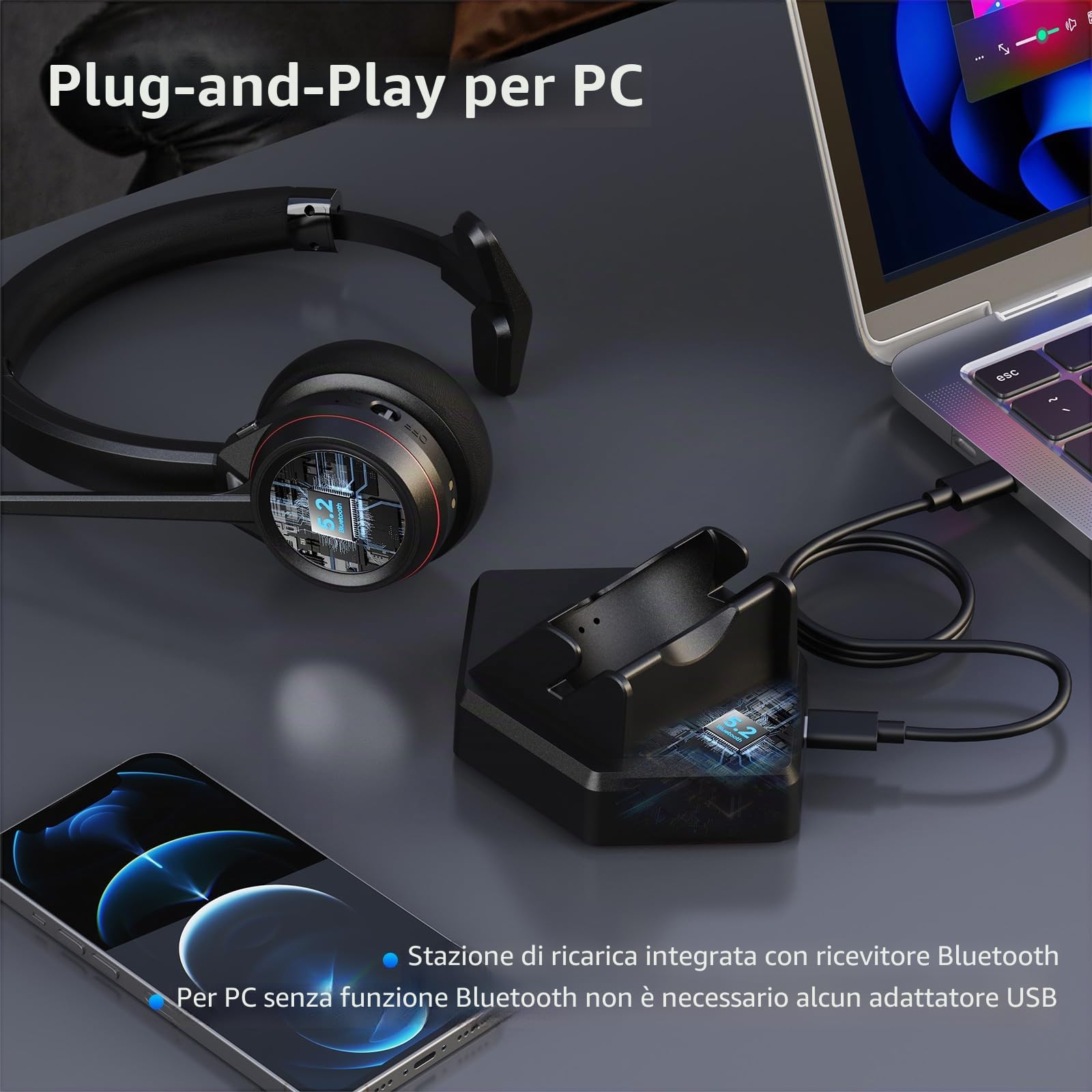 Cuffie wireless per PC, Mono 5.2, Bluetooth con microfono e dongle USB, 30 ore di conversazione, cuffie wireless per casa, ufficio, computer, team, zoom, laptop, ufficio, call center telefono