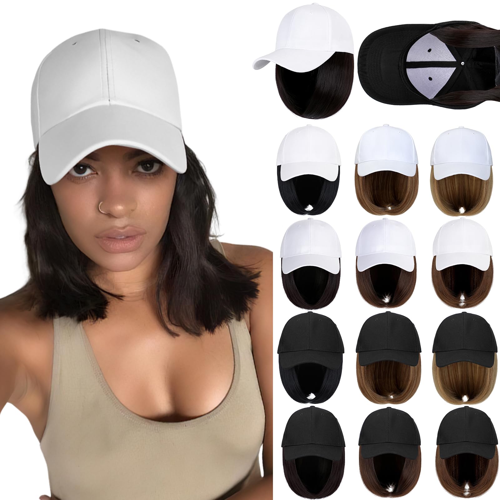 Qlenkay Baseball Cap with Hair 14in Short Hairstyle Straight Bob Non-detachable Adjustable White Hat Wig Attached Dark Brown Hairpiece for Women