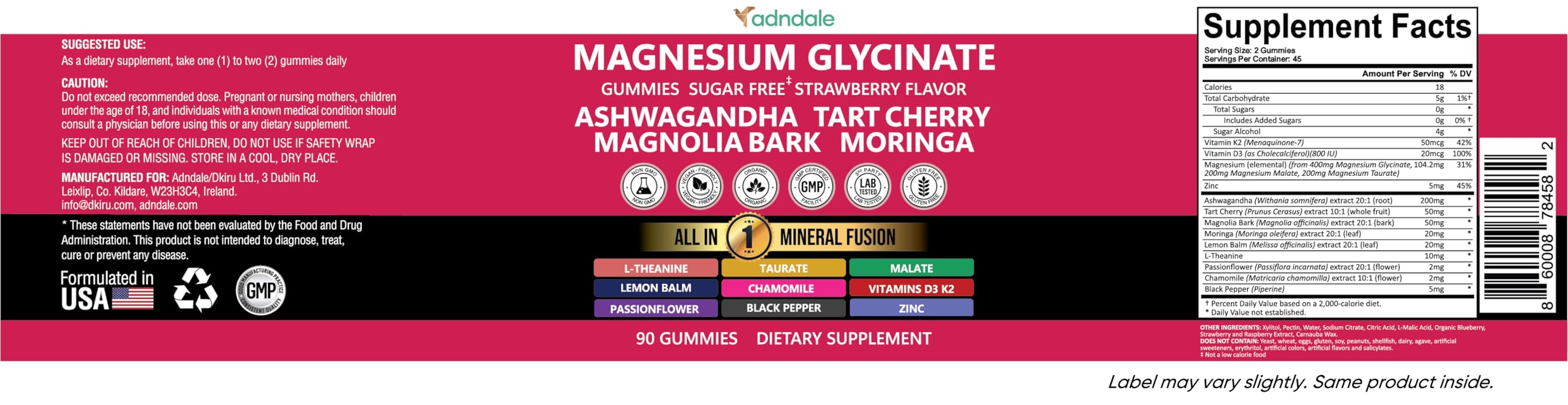 Adndale Magnesium Glycinate 400 mg Gummies with Ashwagandha, Magnesium Malate & Taurate, Tart Cherry, Magnolia Bark, Lemon Balm, Passionflower, Chamomile, L-Theanine, Zinc, Vitamin K2 & D3. 90CT — Amazon image 9